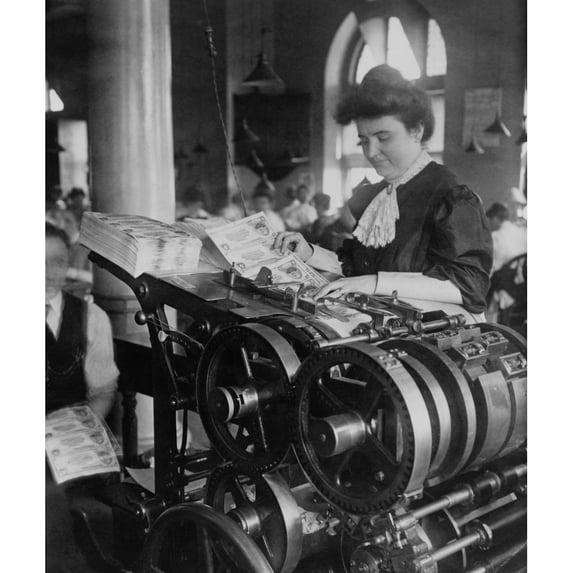 Woman Printing 5 Certificates At The U.S. Bureau Of Engraving And Printing Washington D.C. In 1980.