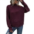 thumbnail image 1 of Woman Pullover Sweater High Neck Loose Hem Left Side Cold Shoulder Warm Keeping Female Sweater Wine Red M, 1 of 8