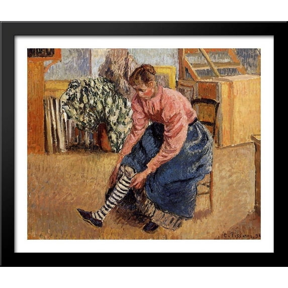 Woman Putting on Her Stockings 34x28 Large Black Wood Framed Print Art by Camille Pissarro