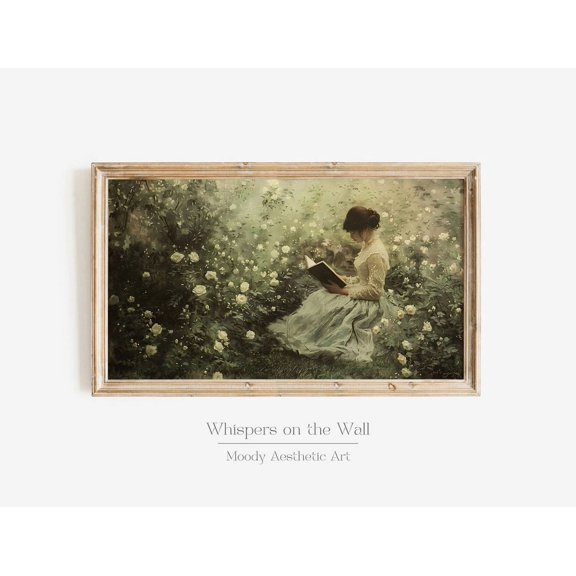 Woman Reading Art Moody Spring Art Victorian Home Decor Book Lover Gift Light Academia Floral Art