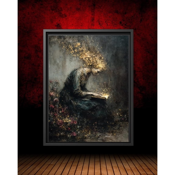 Woman Reading Art Poster: Golden Light, Dark Academia Home Decor, Unframed Poster Size 16x24