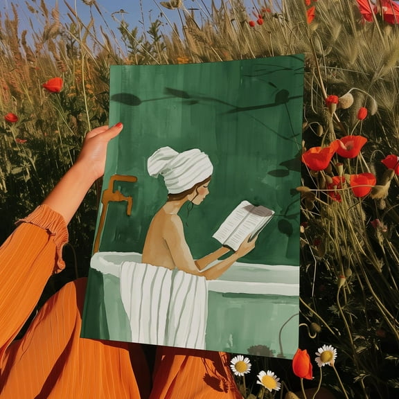 Woman Reading In Bathtub Print, Self Care Bath Art, Towel Wrap Green Bathroom Decor, Minimalist Cozy Relaxation Artwork, Wall Art, Modern Wall Decor, 12x18 UNFRAMED