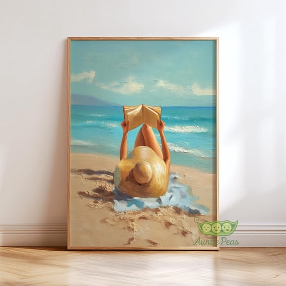 Woman Reading Beach Coastal Bookish Summer Book Lover Art Nautical Ocean Minimal Library Decor, Unframed Poster