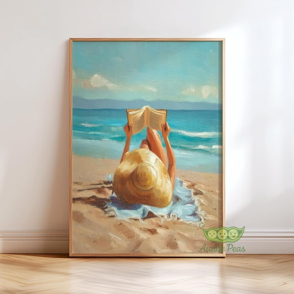 Woman Reading Beach Coastal Bookish Summer Book Lover Art Nautical Ocean Minimal Library Ocean Decor, Unframed Poster