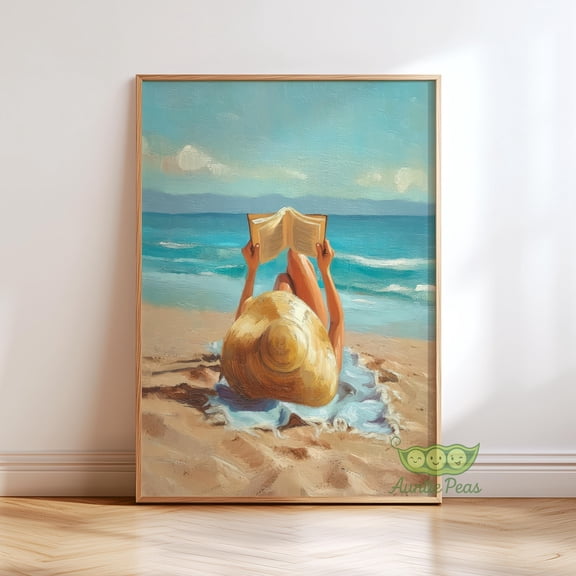 Woman Reading Beach Wall Art, Coastal Bookish Print, Summer Book Lover Art, Nautical Ocean Painting, Minimal Library Ocean Decor, Poster Only