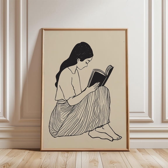 Woman Reading Book Lover Reading Nook Library Line Art Decor, Stretched Canvas 12x16in