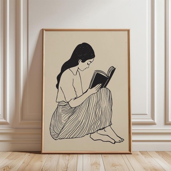 Woman Reading Book Lover Reading Nook Library Line Art Decor, Unframed Paper Poster 8x10in