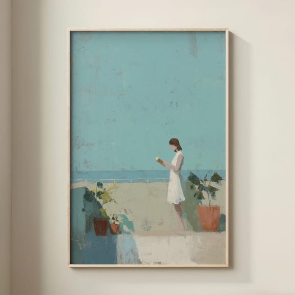 Woman Reading By Sea Aqua And Beige Print, Unframed Paper Print