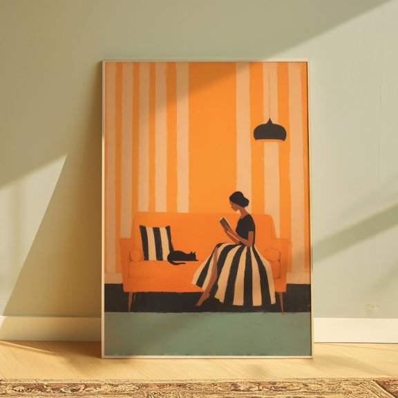 Woman Reading Cozy Stripe Wall Art, Unframed Paper Print Size 8x12