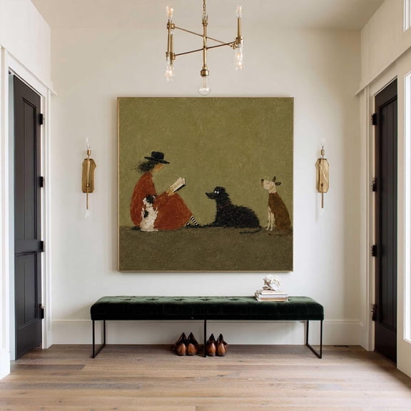 Woman Reading with Dogs Wall Art, Dog Lover Painting Print, Whimsical Figurative Art, Olive Green Textured Look Canvas, Cozy Reading Room Decor, Framed Canvas Print