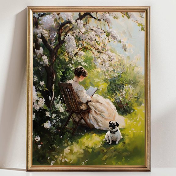 Woman Reading Garden Pug Floral Wall Art Decor Unframed Paper Print