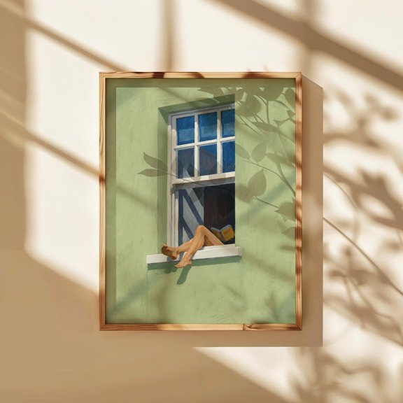 Woman Reading Green Window Botanical Art