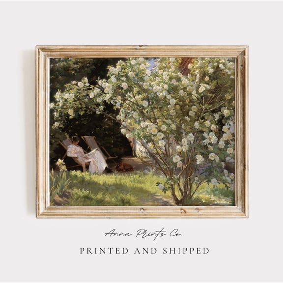 Woman Reading In The Garden Vintage Painting, Antique Cottagecore Artwork, Flower Landscape Fine Art Print Poster , Poster Print Only