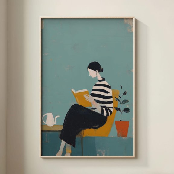 Woman Reading Modern Art Teal And Ochre Print, Unframed Paper Print