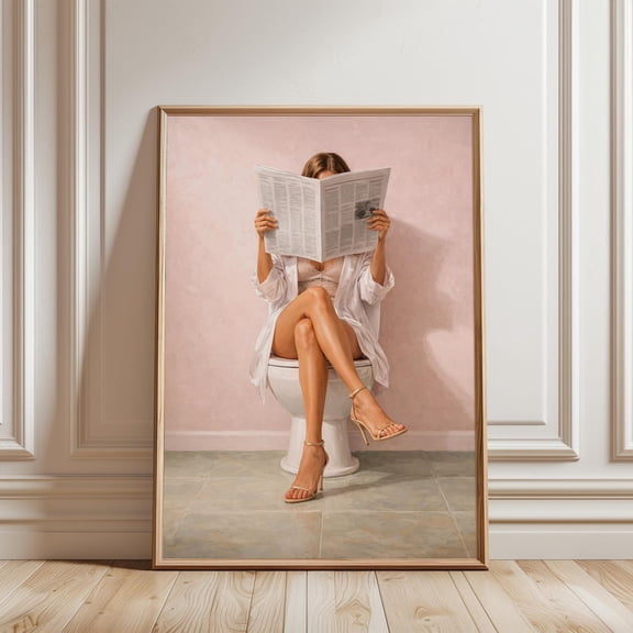 Woman Reading Newspaper Bathroom Vintage Style Toilet Humor Decor, Unframed Poster