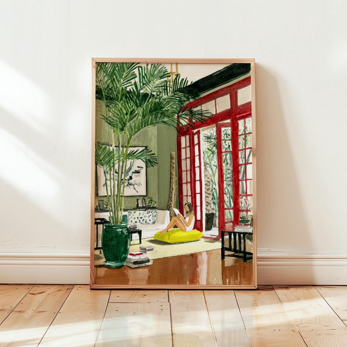 Woman Reading Tropical Red Doors Modern Interior Wall Art Print, Eye ...