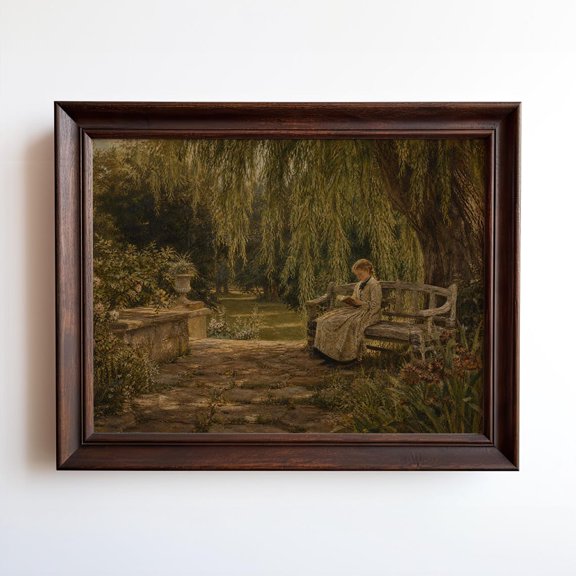 Woman Reading Under Willow Tree Art Victorian Garden Country Home Decor, Unframed Paper Print