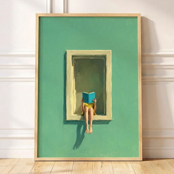 Woman Reading Wall Art Emerald Green Book Lover Gift Print Minimalist Reading Nook Decor Dopamine Bedroom Wall Art Nook Gift, Unframed Paper Print