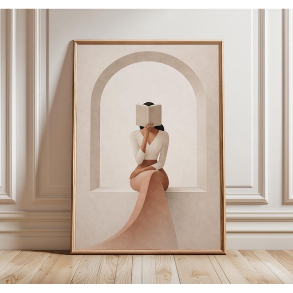 Woman Reading Wall Art Minimalist Neutral Arch Print Abstract Female Figure Modern Book Lover Decor, Unframed Paper Print