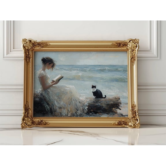 Woman Reading With Her Cat On The Beach Poster, Book Lover Seascape Print, Bookish Coastal Art, Beach House Decor, Stretched Canvas Size 16x24
