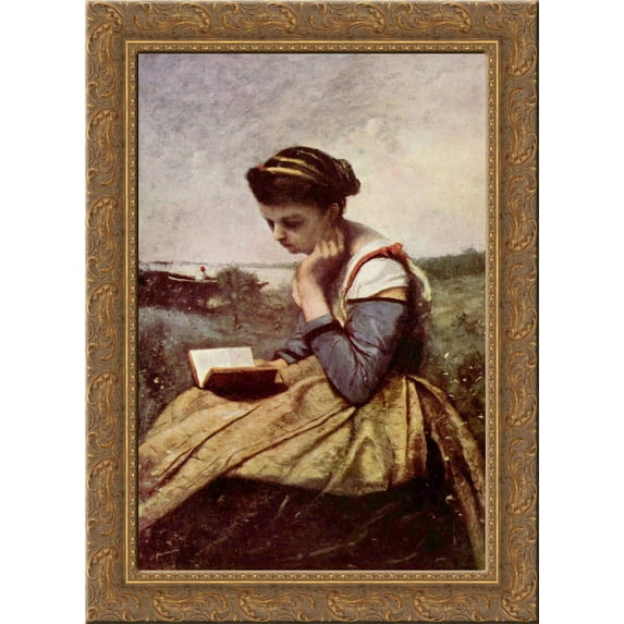 Woman Reading in a Landscape 24x18 Gold Ornate Wood Framed Canvas Art by Camille Corot