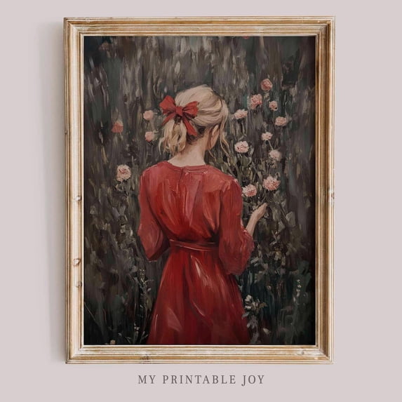 13 Roses Woman Red Dress Roses Wall Art Print, Vintage Floral Decor - Walmart.com