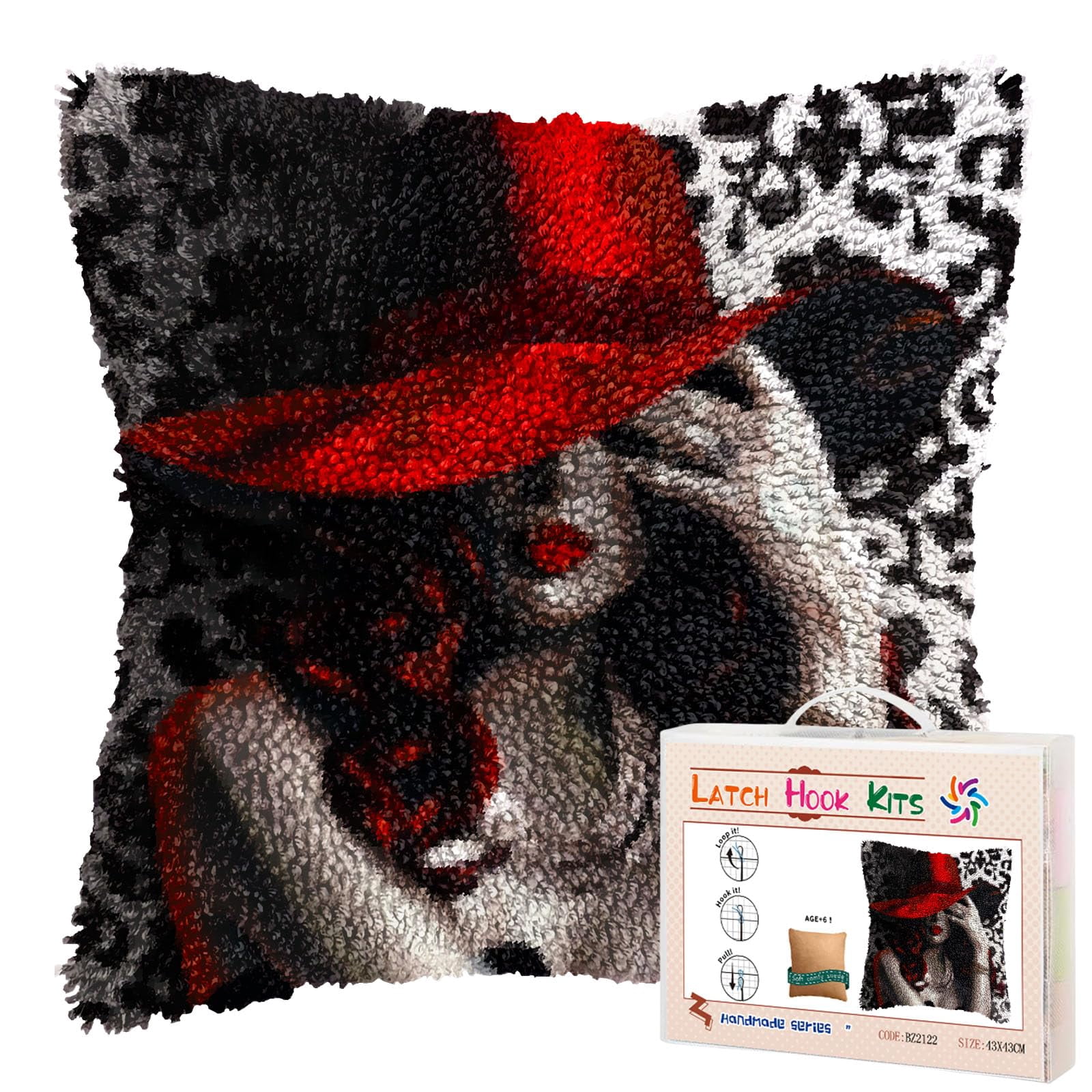 Woman with Red Hat DIY Latch Hook Pillow Kits for Adults Printed Pillowcase Crochet Yarns Hooking Handmade Pillow Cover Cushion for Home Sofa Decoration 17x17inch
