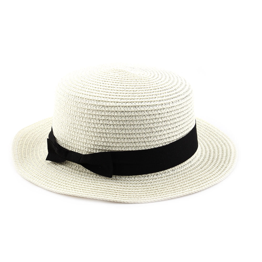 Woman Ribbon Decor Wide Brim Braided Summer Travel Beach Straw Cap Sun Hat Off White
