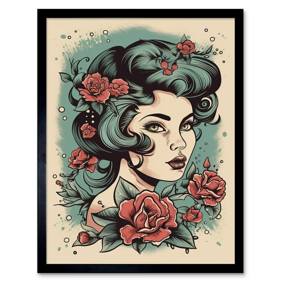 Woman Rose Flowers Pin Up Rockabilly Americana 50s Art Print Framed Poster Wall Decor 12x16 inch