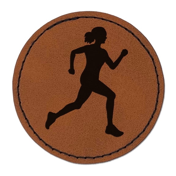 Woman Running Marathon Cardio Exercise 2.5" Faux Leather Round Engraved Iron-On Patch - Brown