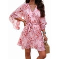 thumbnail image 1 of Woman'S Floral V Neck Lace-UP Waist Dress Pink M, 1 of 7