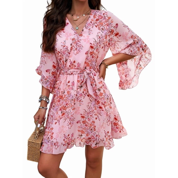 Woman'S Floral V Neck Lace-UP Waist Dress Pink S