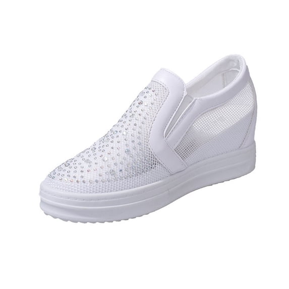 Woman Sandals Oofos for Women Women's Fashion Casual Spring And Summer Mesh Breathable Solid Color Rhinestone Round Toe Closed Toe Slip-On Thick-Soled Wedge Heel Sandals White