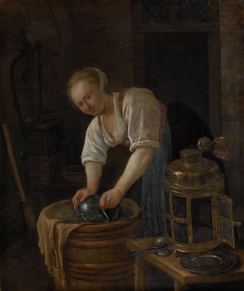 Woman Scouring Metalware Canvas Art - (18 x 24)