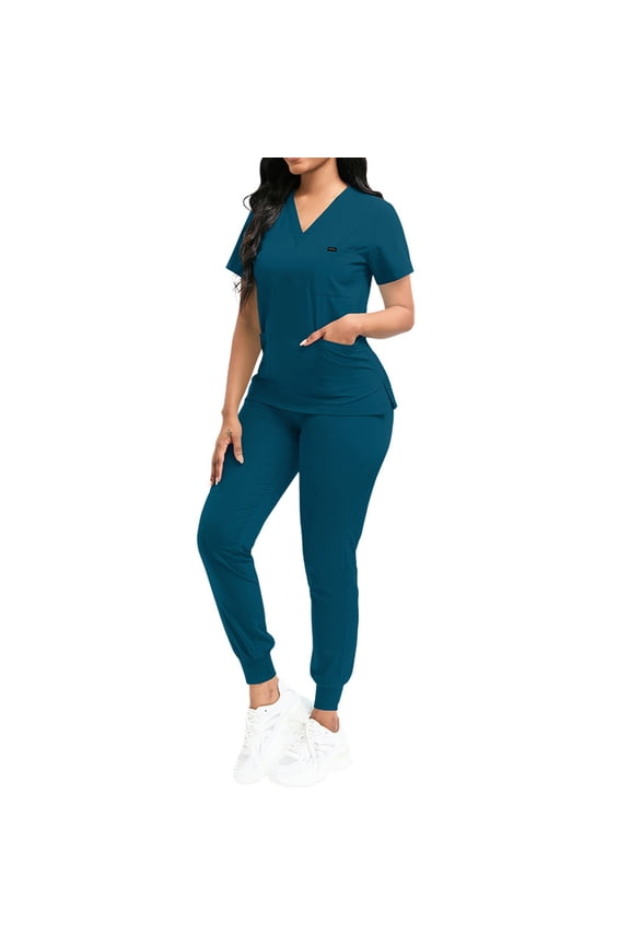 Woman Scrubs Set,Scrubs Set for Women Nurse Uniform V-Neck Top and Drawstring Jogger Pants with Multi Pocket Nurse Workwear - Blue - S