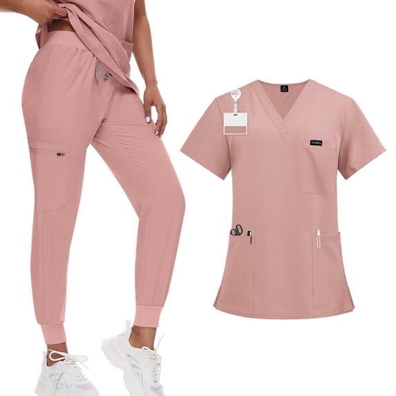 Woman Scrubs Uniform Set,Medical Scrub Set V Neck Short Sleeve Top with 3 Pockets Elastic Cuff Pants Moisture Wicking Healthcare Uniform - Pink - L