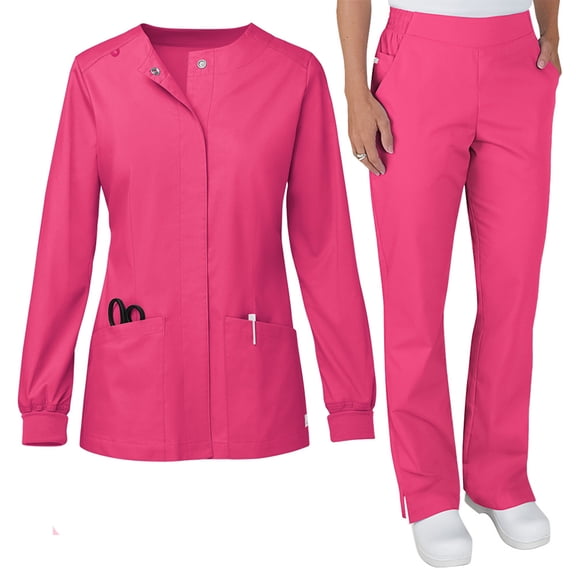 Woman Scrubs Uniform Set,Scrubs for Women Set Summer Long Sleeve Nursing Uniform with Pocket Two Piece Stretch V Neck Scrub Set - Hot Pink - L