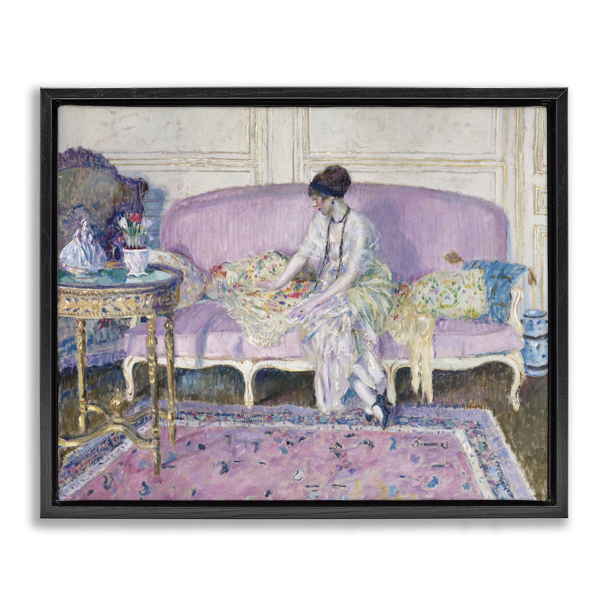 Woman Seated on Sofa Black Framed Floater Canvas Wall Art, design by Wild Apple Portfolio
