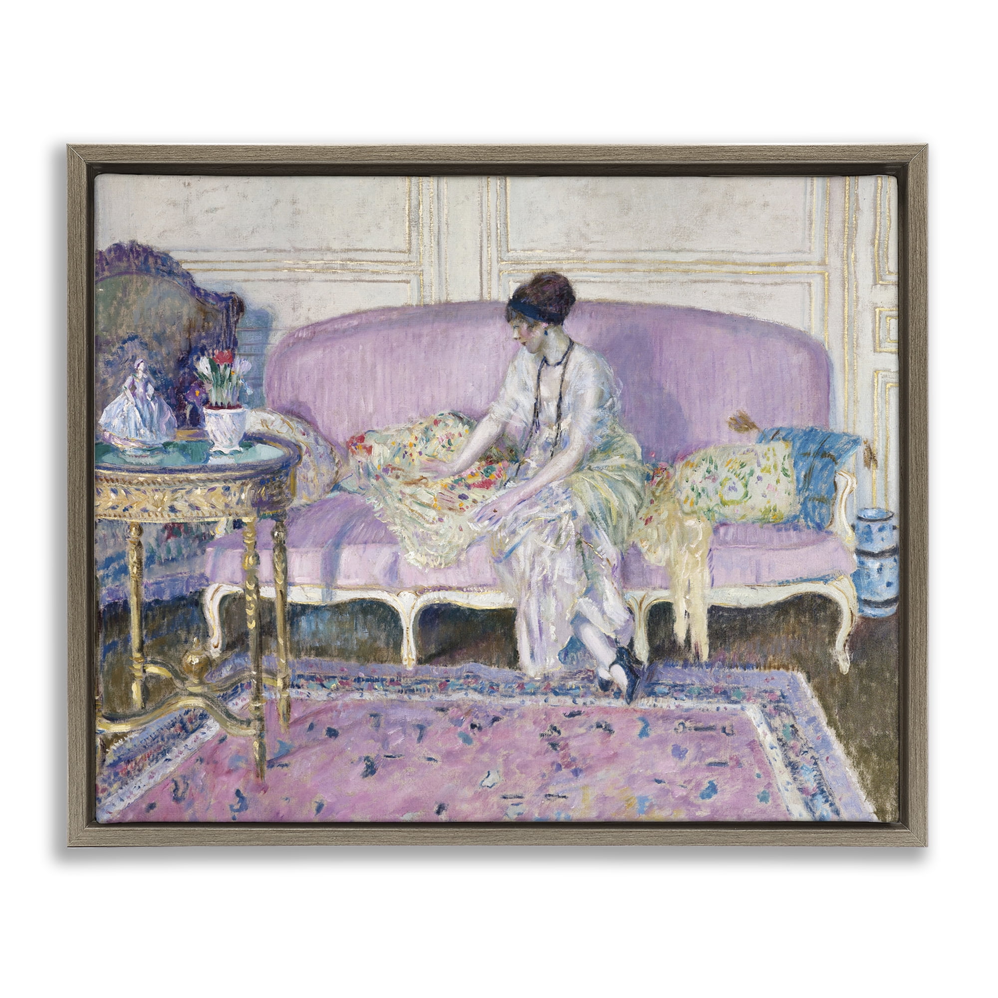 Woman Seated on Sofa Brown Framed Floater Canvas Wall Art, design by Wild Apple Portfolio