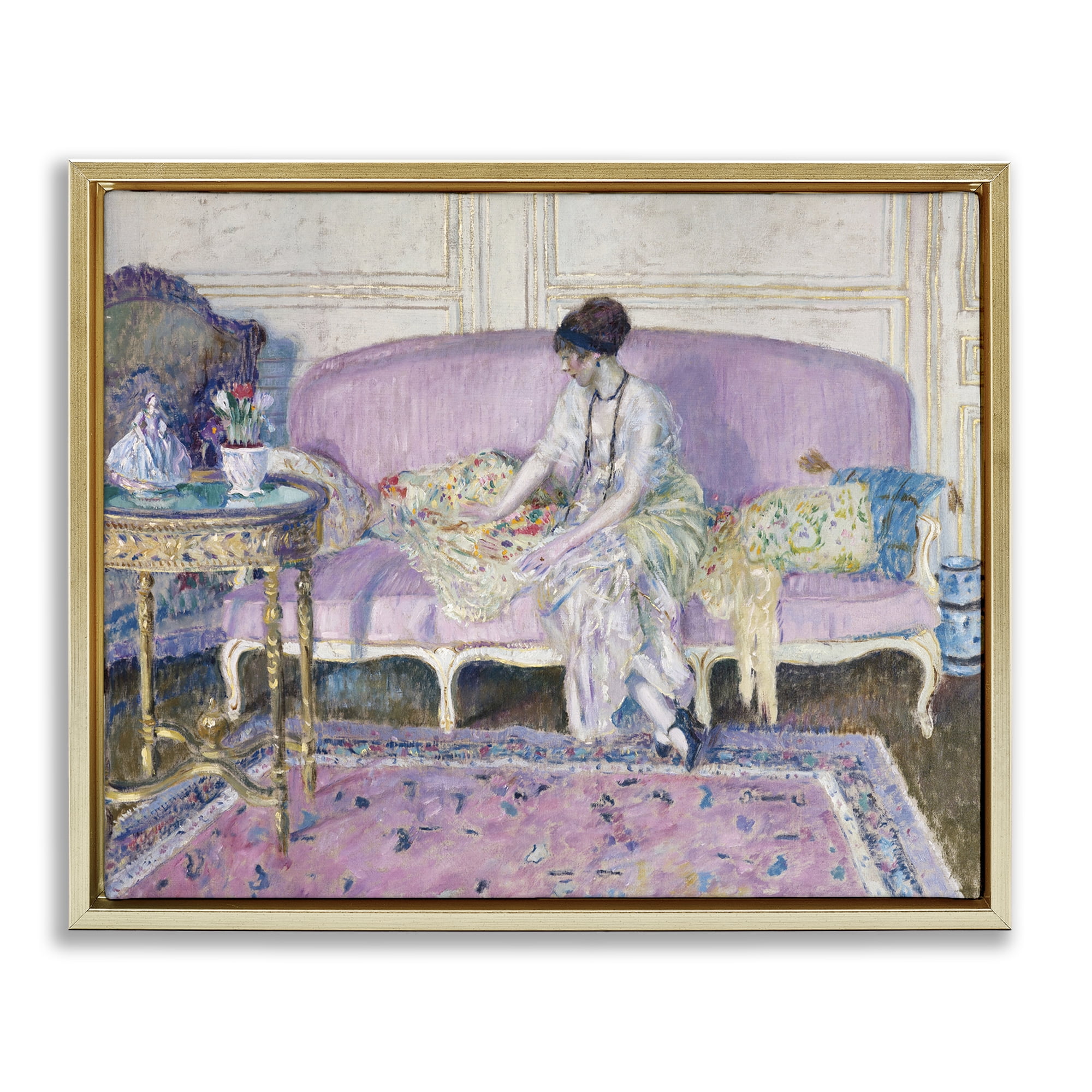 Woman Seated on Sofa Gold Framed Floater Canvas Wall Art, design by Wild Apple Portfolio