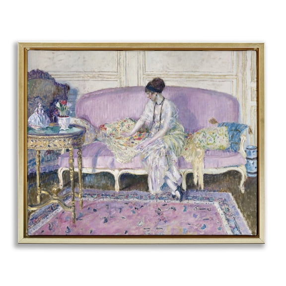 Woman Seated on Sofa Gold Framed Floater Canvas Wall Art, design by Wild Apple Portfolio