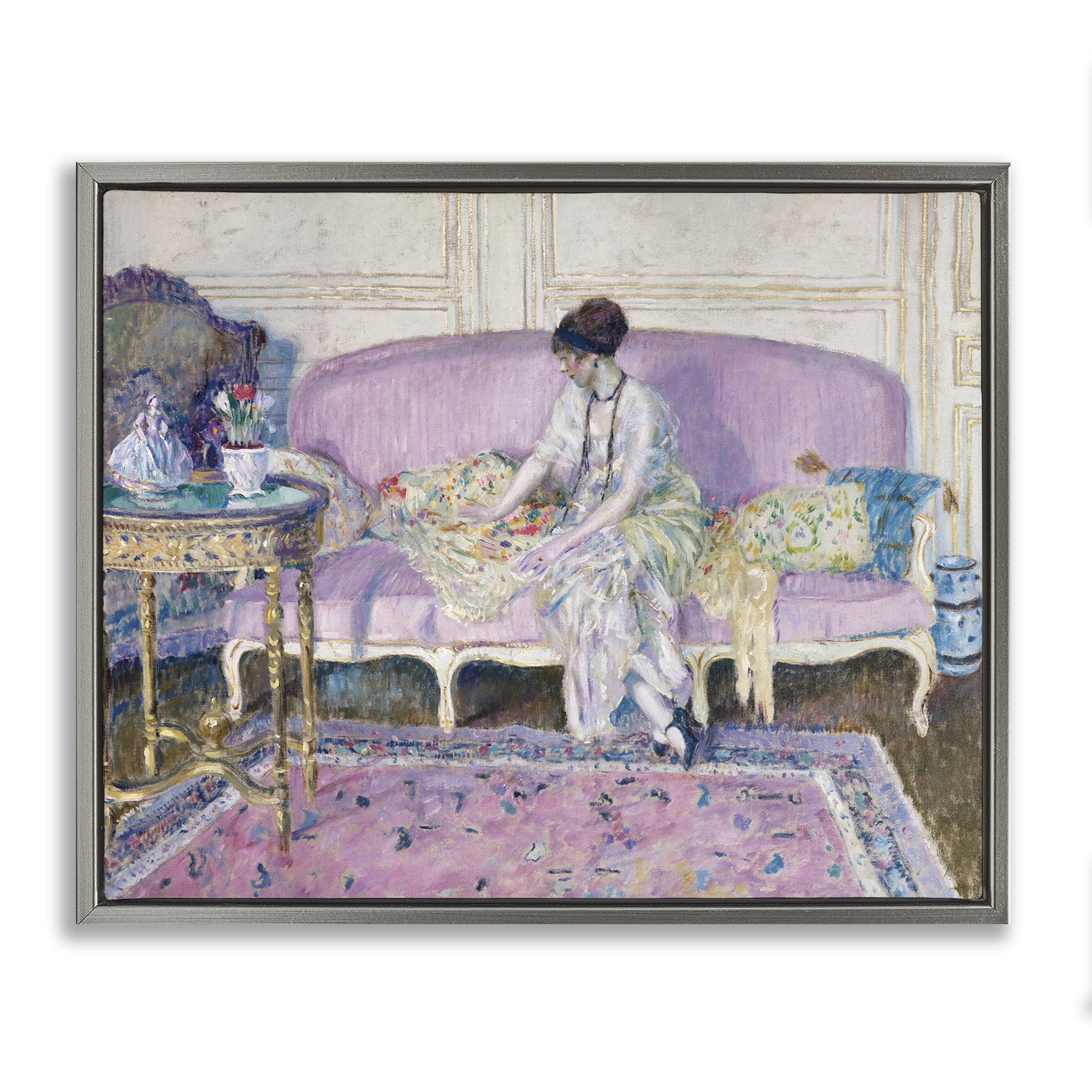 Woman Seated on Sofa Gray Framed Floater Canvas Wall Art, design by Wild Apple Portfolio