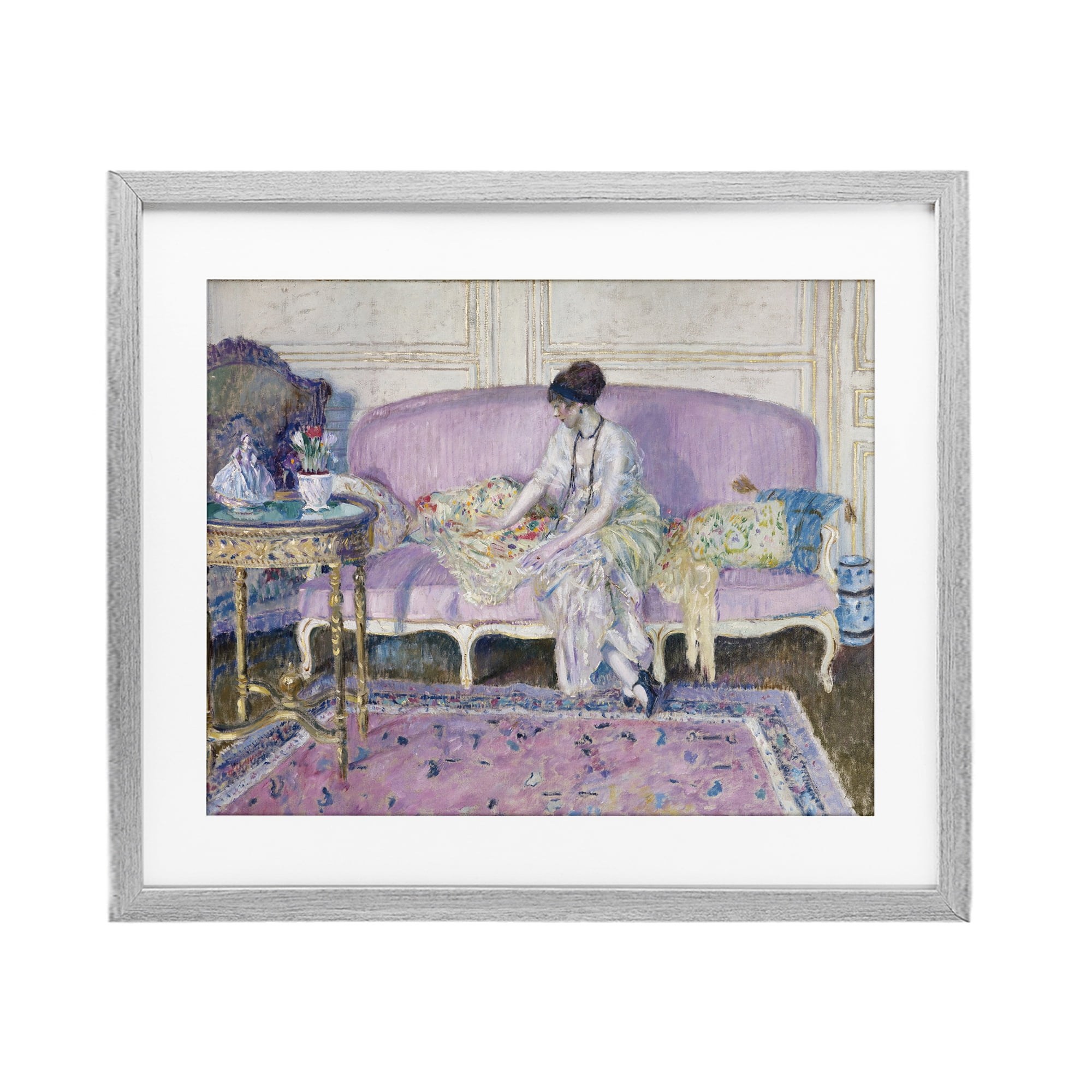 Woman Seated on Sofa Gray Framed Print Under Glass, design by Wild Apple Portfolio