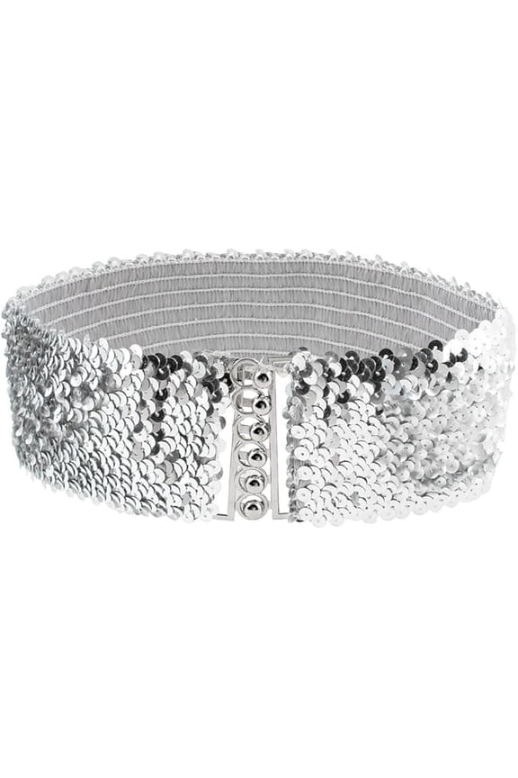 Woman Sequin Detail 7cm Wide Textured Strentchy Waist Cinch Belt Waistbelt Silver Tone