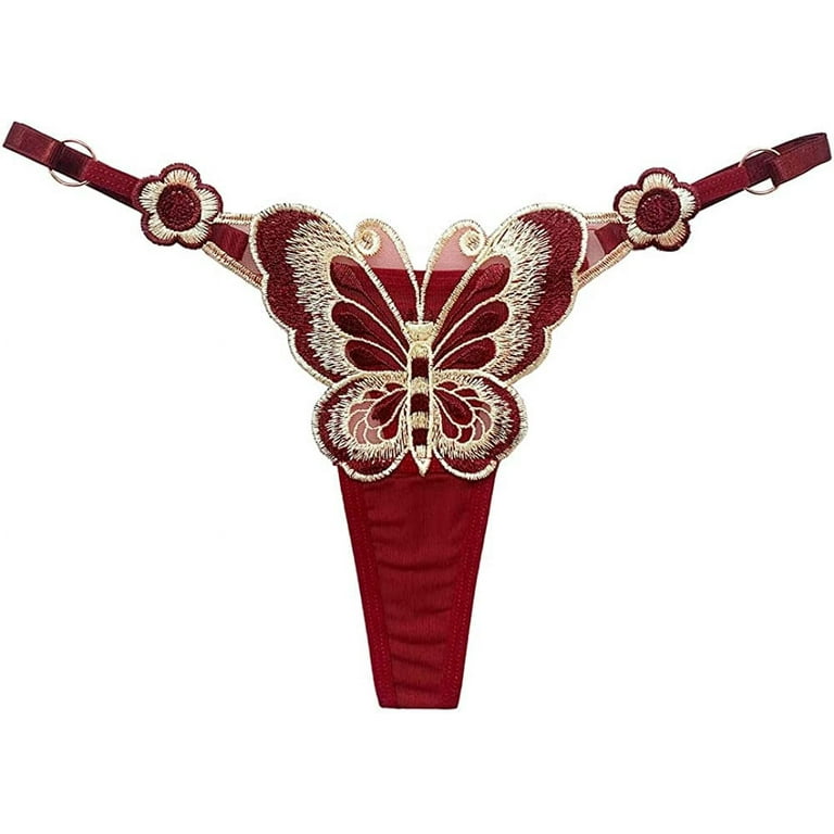 Woman Sexy Butterfly Thong Embroidered Erotic Panties Plus Size Red  Underwear Printed Briefs Bikini Elastic Sissy Knickers 