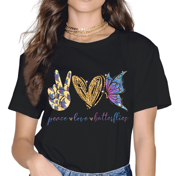Woman Short Sleeve T-shirt Love Peace Butterfly Printed Tee Casual Funny T Shirt Female Harajuku T Shirt Women Tops
