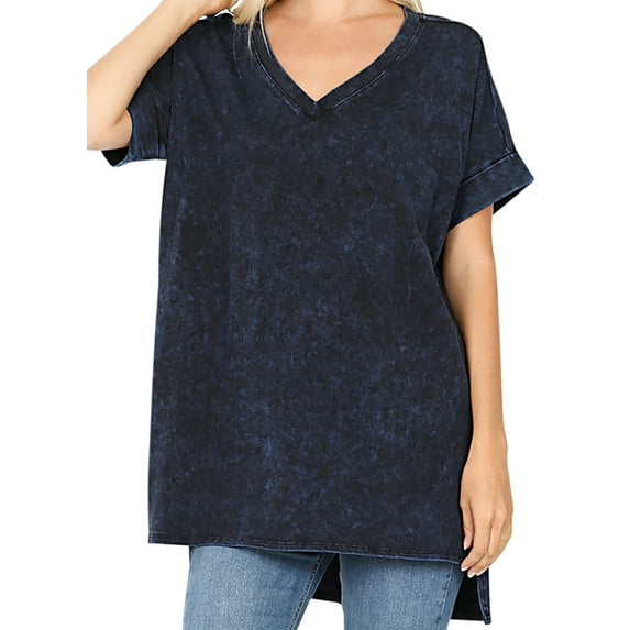 Woman Short Sleeve V Neck Mineral Wash Cotton T Shirt Top Blouse Tunic Sapphire 1X (ZN 4629)