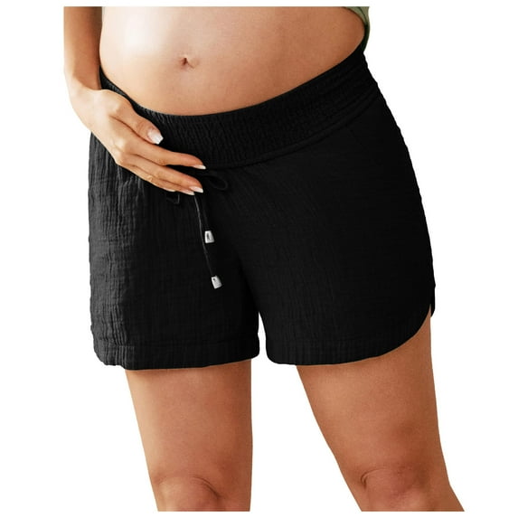 Woman Shorts Summer Solid Maternity Shorts with Drawstring Elastic Waist Cotton Linen Beach Yoga Shorts Breathable Lightweight Gym Shorts Women Pack Black L