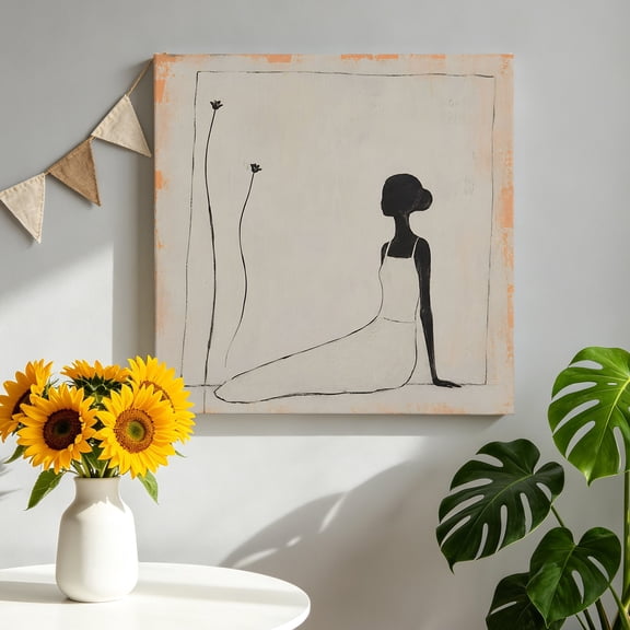 Woman Silhouette Canvas Wall Art for Living Room, Minimalist Feminine Flower Stem Line Art Wall Decor Framed Artwork Pictures Ready to Hang for Bedroom Office Home Decor 8x8 Inch