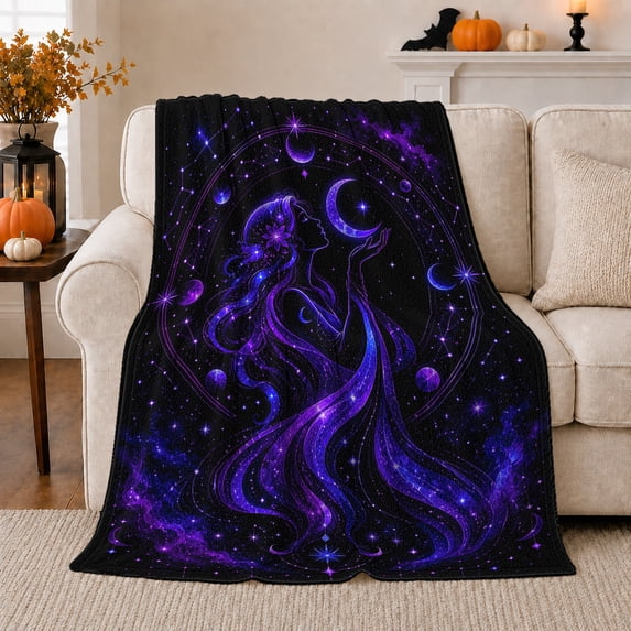 Woman Silhouette Crescent Moon Stars and Purple Galaxy Art, Soft Flannel Blanket, Home Decor for Women, Bedroom and Lounge, Halloween Gift, Mystic Celestial Pattern